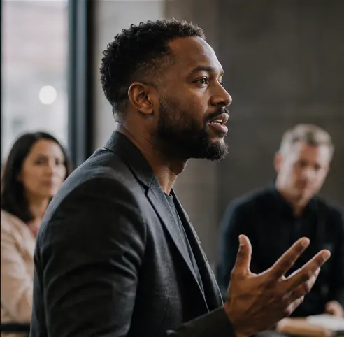 A professional speaking during a small-group training session