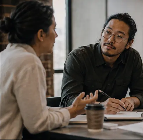 Two professionals practicing a discovery conversation
