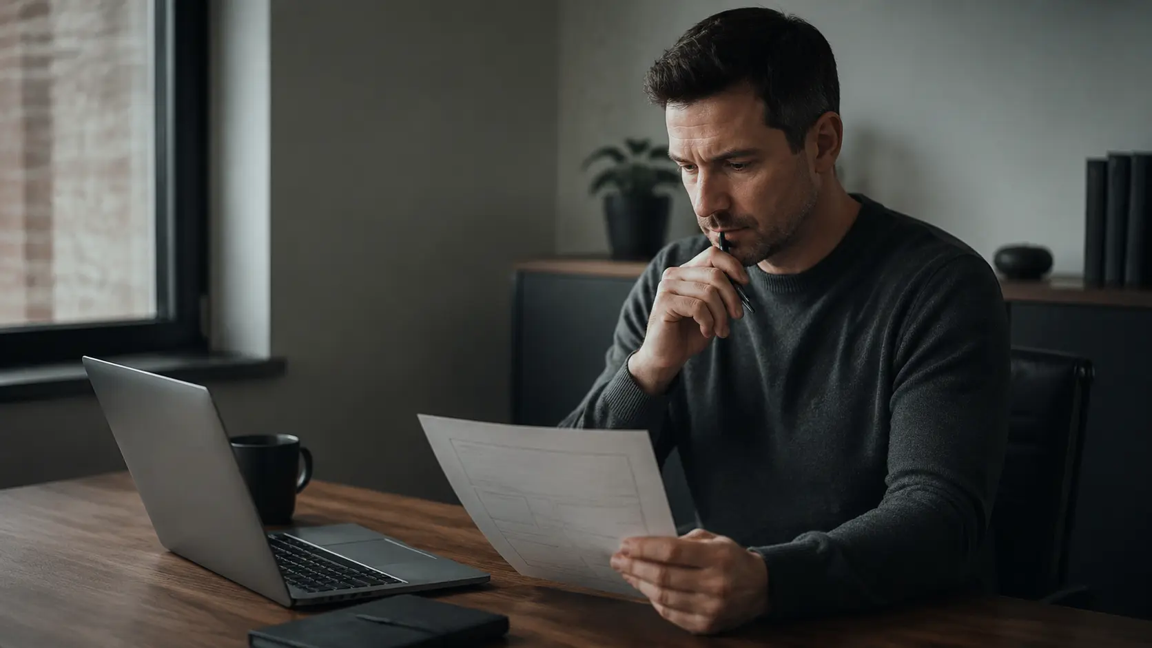 Professional reviewing a conversation worksheet beside a laptop