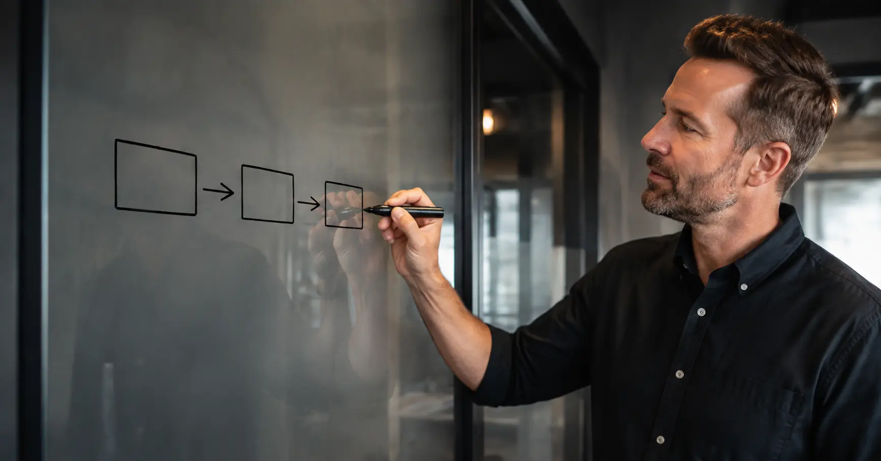 Facilitator drawing a conversation process on a glass board