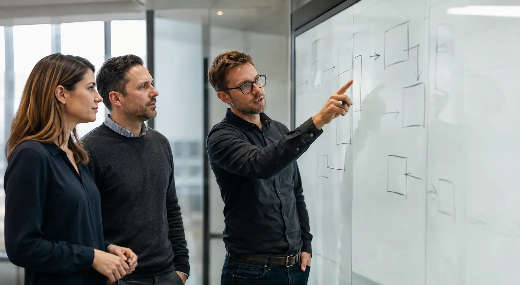 Professionals discussing a process beside a glass board