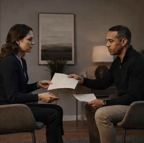 Two participants exchanging a role-play scenario sheet