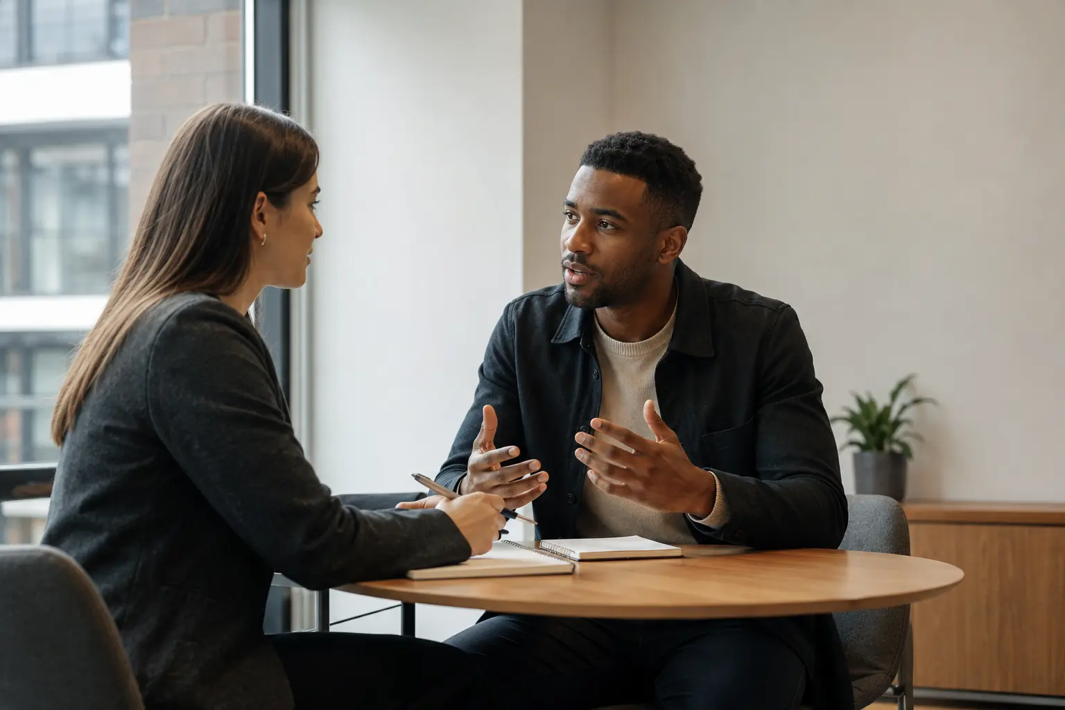 Two professionals practicing a discovery conversation