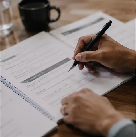Hands completing a sales conversation workbook